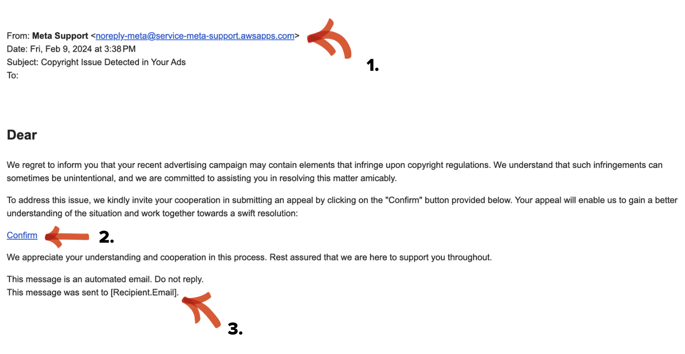Example of an email sent from a fake Meta Support account describing a "copyright issue" with this user's ads.