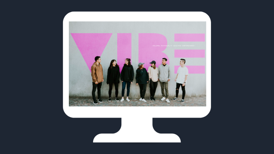 Navy blue background with white computer showing a purple vibe logo and youths. 