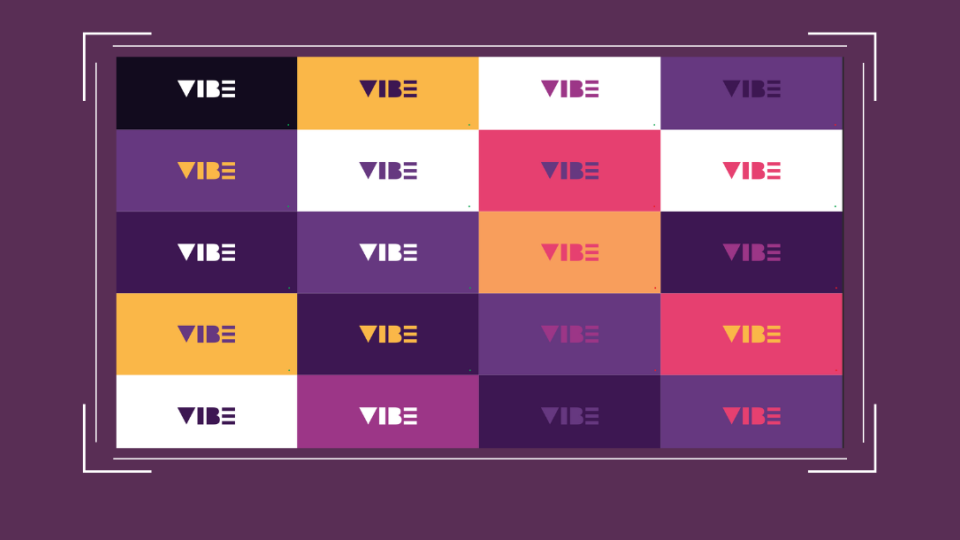 A purple background showcasing twenty vibe logos on different colour backgrounds. Background colours include Purple, Black, Yellow, Pink and white.