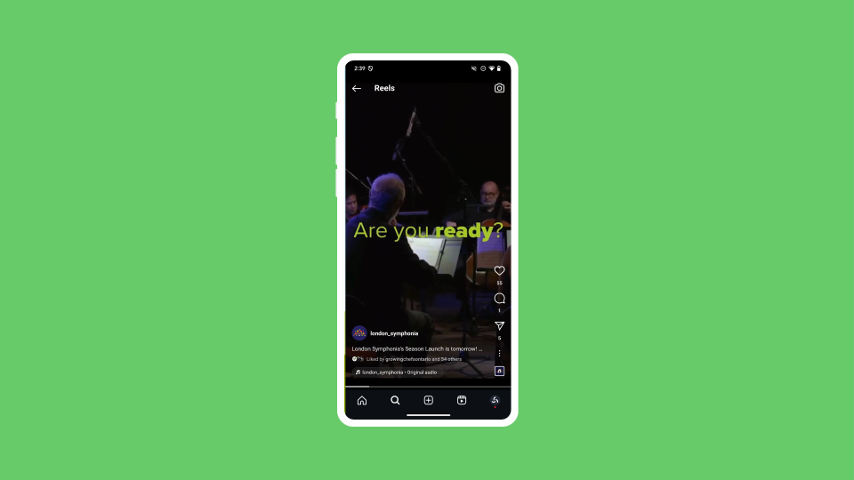 An Instagram reel showing off exciting video clips of London Symphonia performing with bold green text that says Are you ready? as the thumbnail 