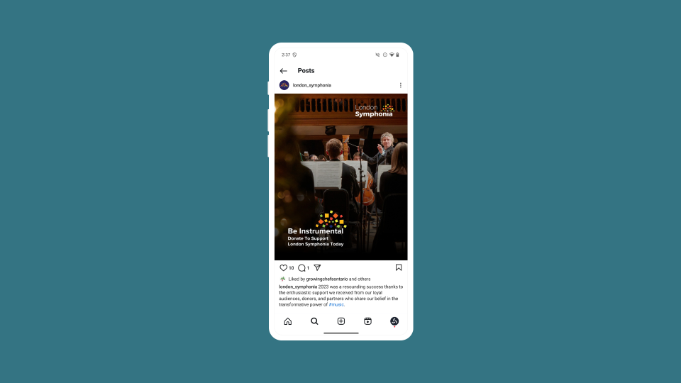 An Instagram social post comprised of a picture of a conductor conducting an orchestra with text and branding saying to "Be Instrumental!" and to donate to London Symphonia
