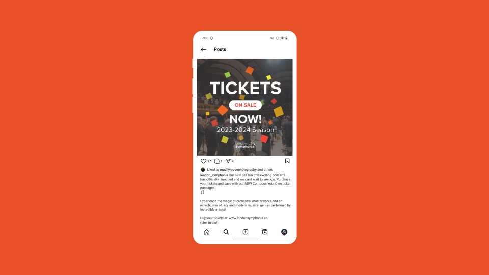 An Instagram social post declaring that season tickets are on sale now with London Symphonia imagery and branding