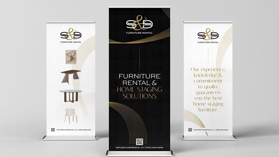 A Mockup of the new S&D furniture rental logo on standing banners