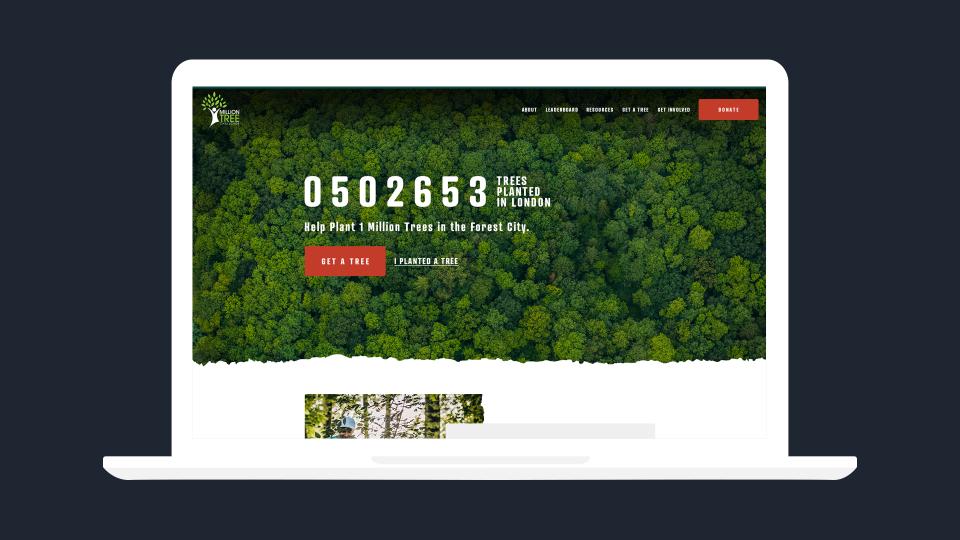 Million Trees new homepage and counter on a laption screen