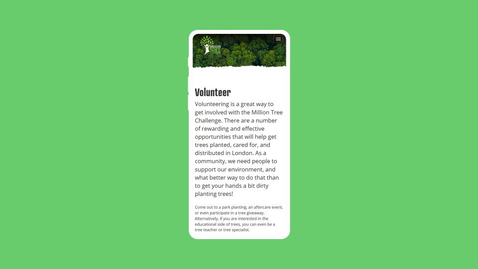 Million Trees volunteer page on a phone screen