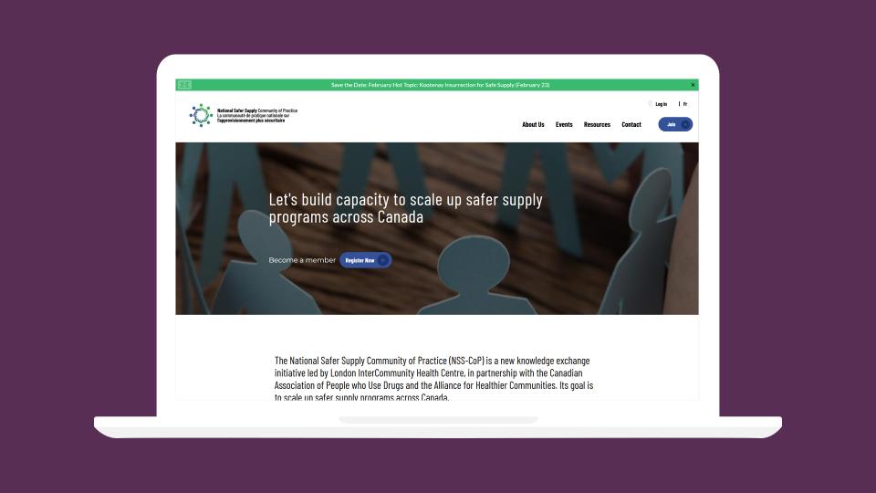 The National Safer Supply Community of Practice homepage on a laptop screen