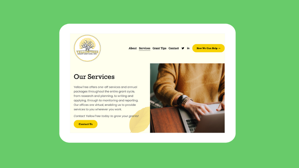 A tablet showcasing the YellowTree's services page on their new website