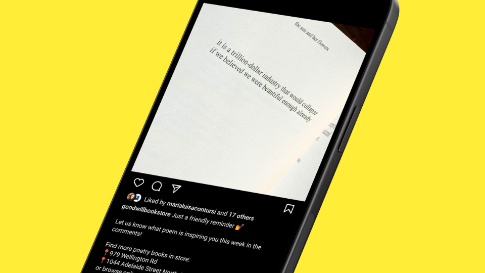 An Instagram post on a phone mockup showing a poem about the beauty industry