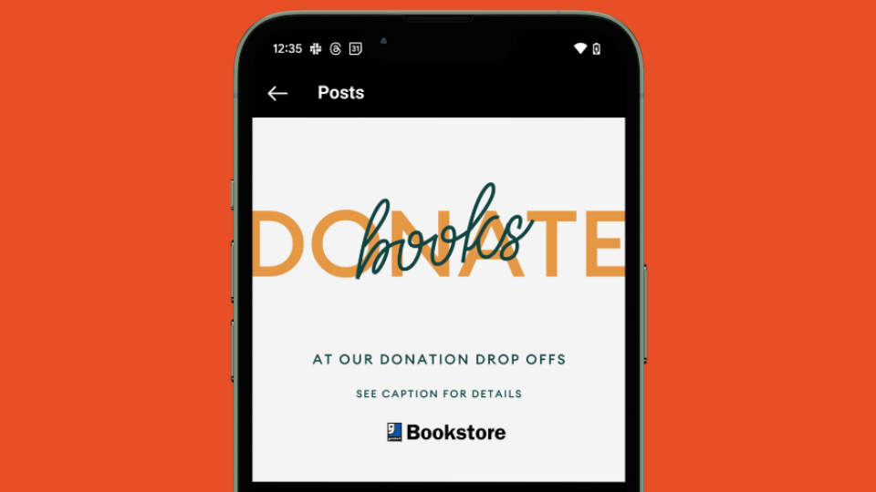 A graphic telling people to donate books. Shown on a phone mockup.