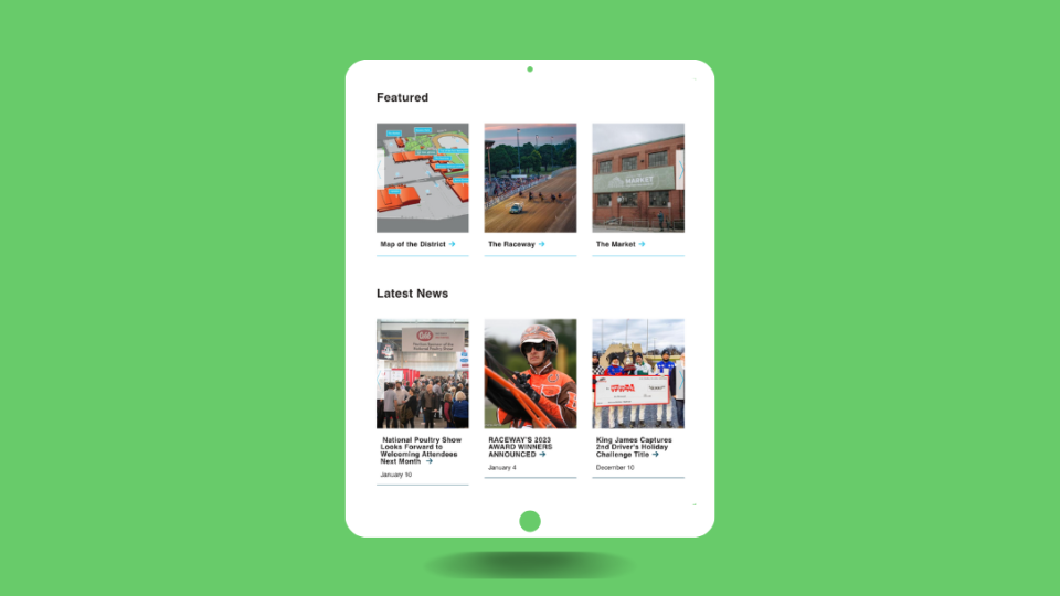 Western Fair District featured and latest news website page displayed on a white tablet with a lime green background.
