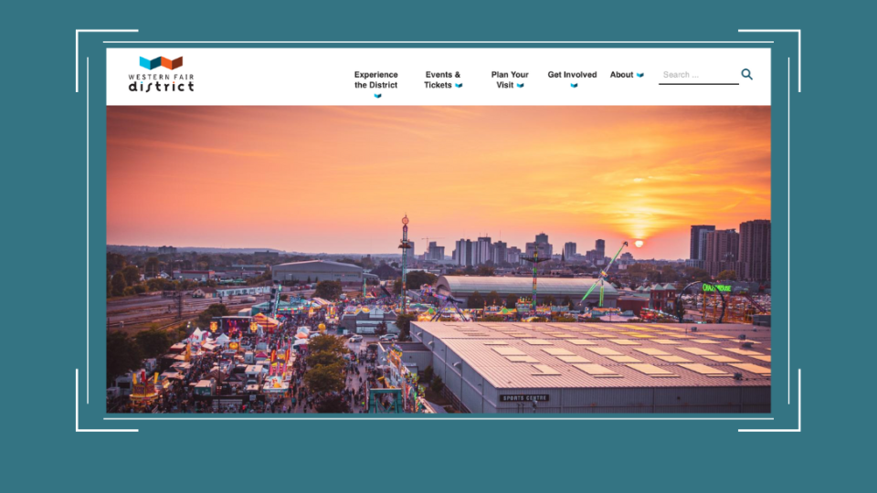 Western Fair District website about page displayed on a teal background with white photo boarders.