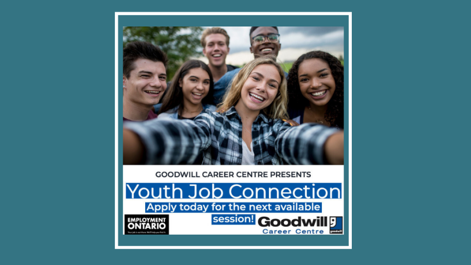 Blue background with a photo of the Goodwill Spotify ad.