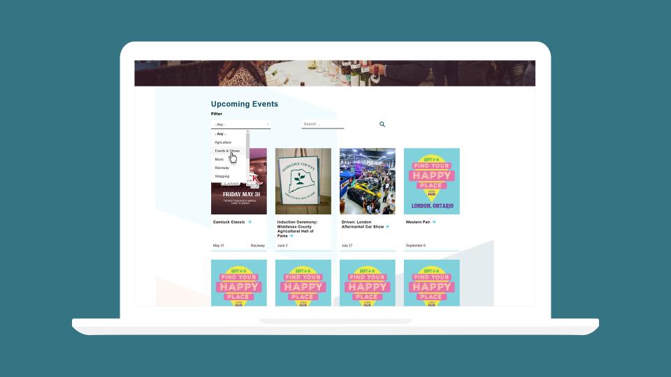 Western Fair District website upcoming events page displayed on a teal background with white photo boarders.