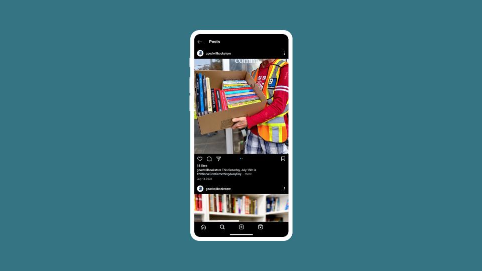 A picture of an Instagram post showing a man holding a box of book donations.