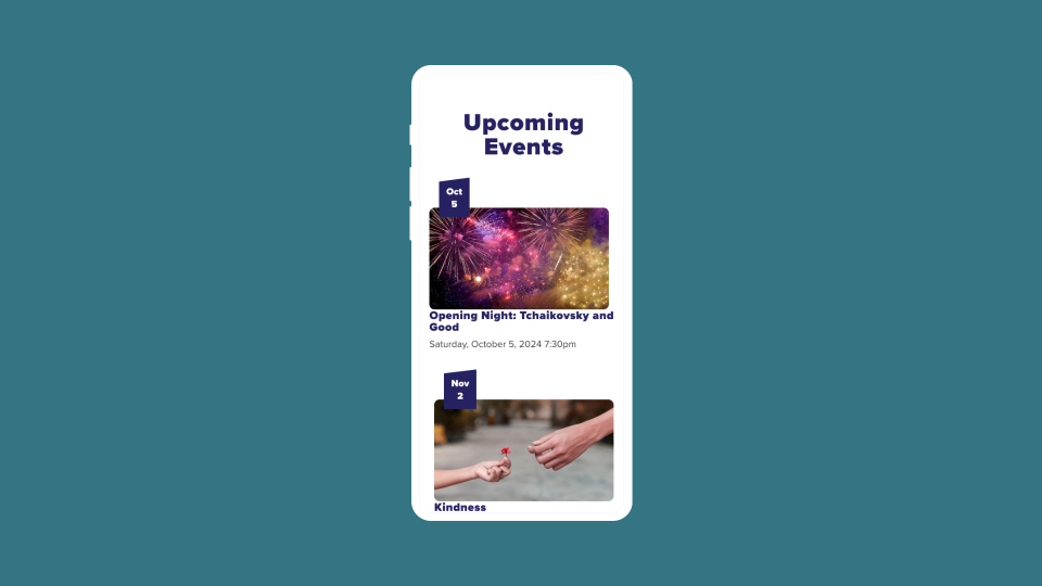 A mockup showing the mobile responsiveness of the website showing the section of Upcoming Events
