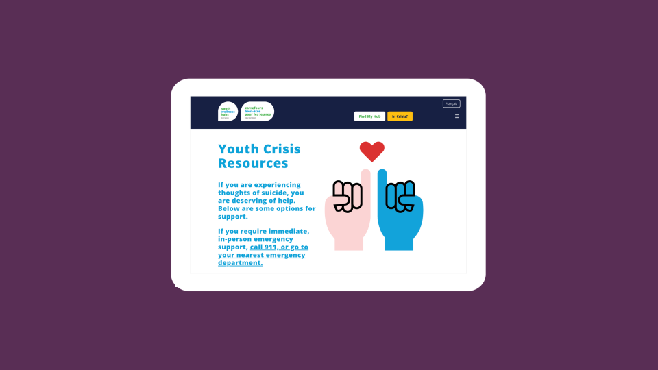 A tablet showing crisis resources for youth on youthhubs.ca