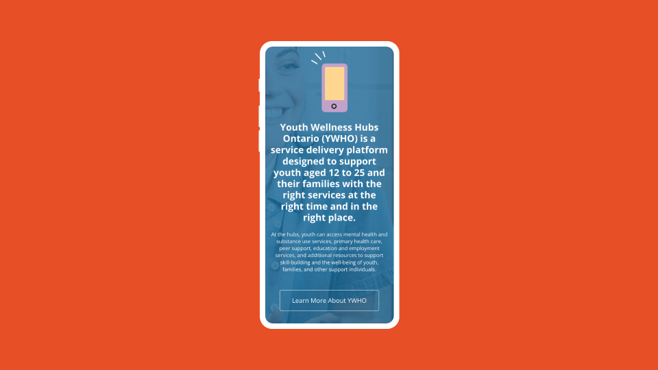 A mobile phone showcasing website responsiveness by displaying content from the youthhubs.ca website.