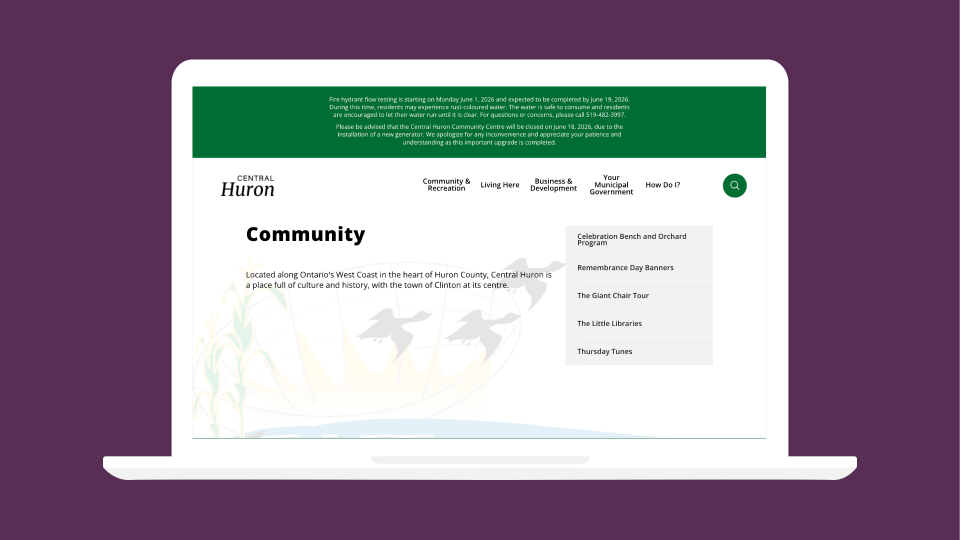 A laptop mock up showcasing the Central Huron side menu