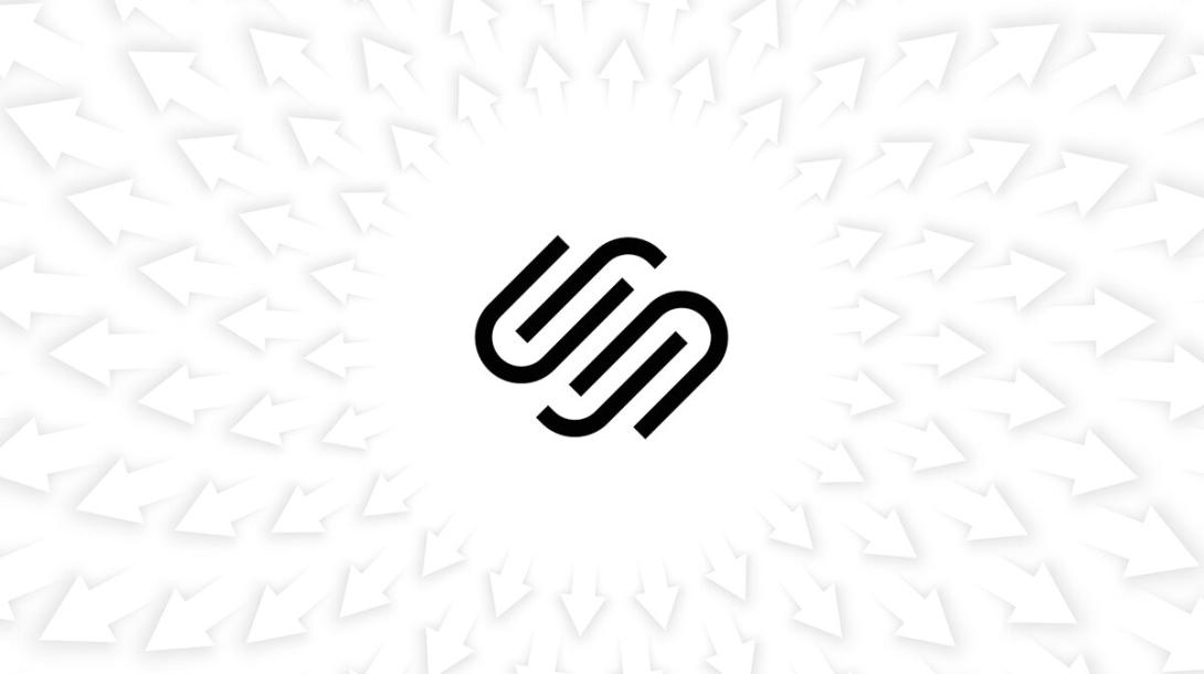 Squarespace logo on a while background with a circular arrow pattern