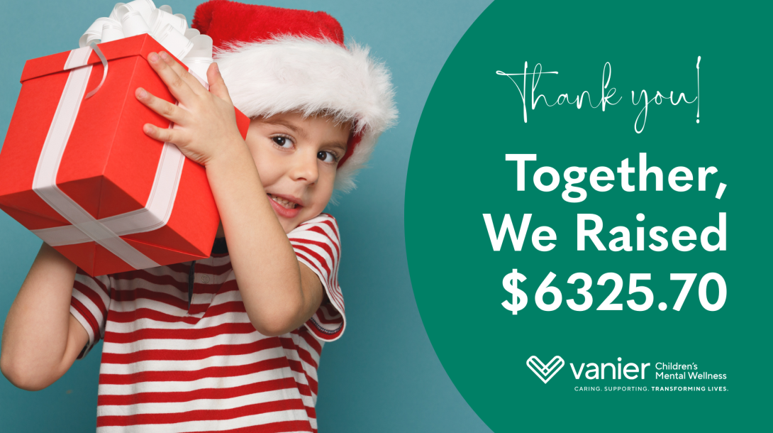 A graphic from the holiday giving campaign showing a kid with a gift and the amount of money raised: $6325.70