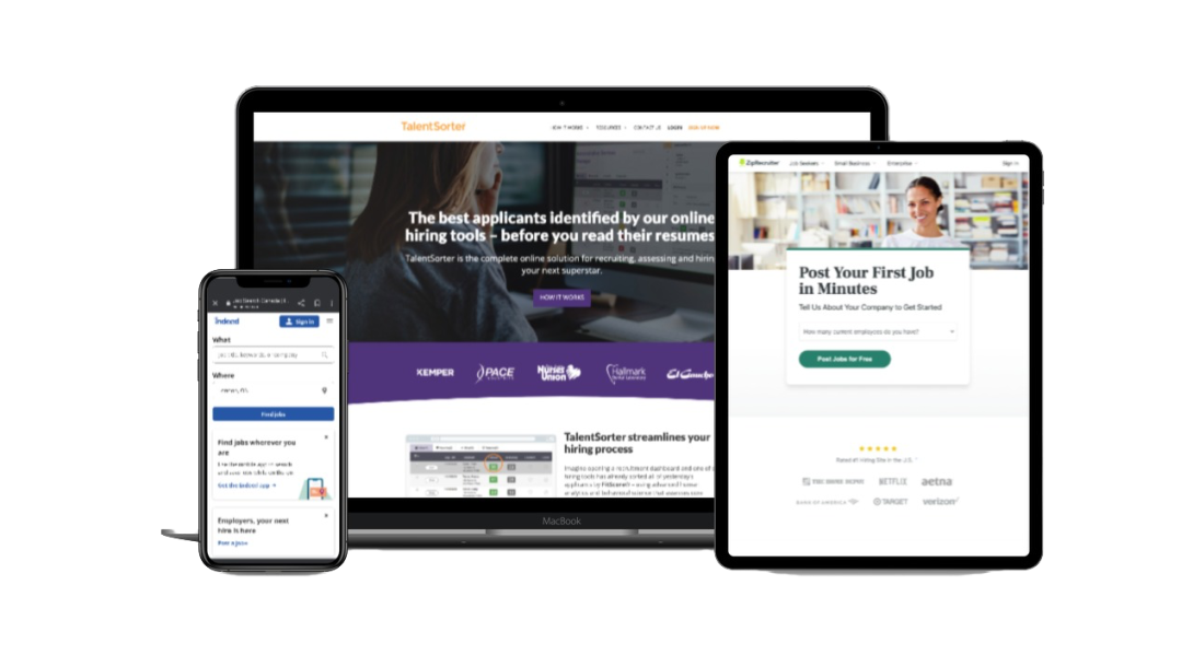 Mockups of Indeed, TalentSorter and ZipRecruiter