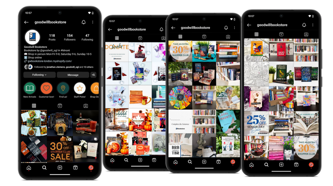 A picture of 4 phones showcasing the Goodwill Bookstore Instagram feed