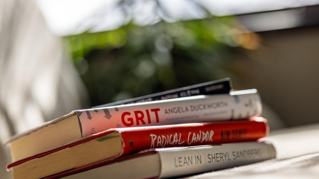 A pile of business books in dappled sunlight on a soft couch with an indoor plant in the background