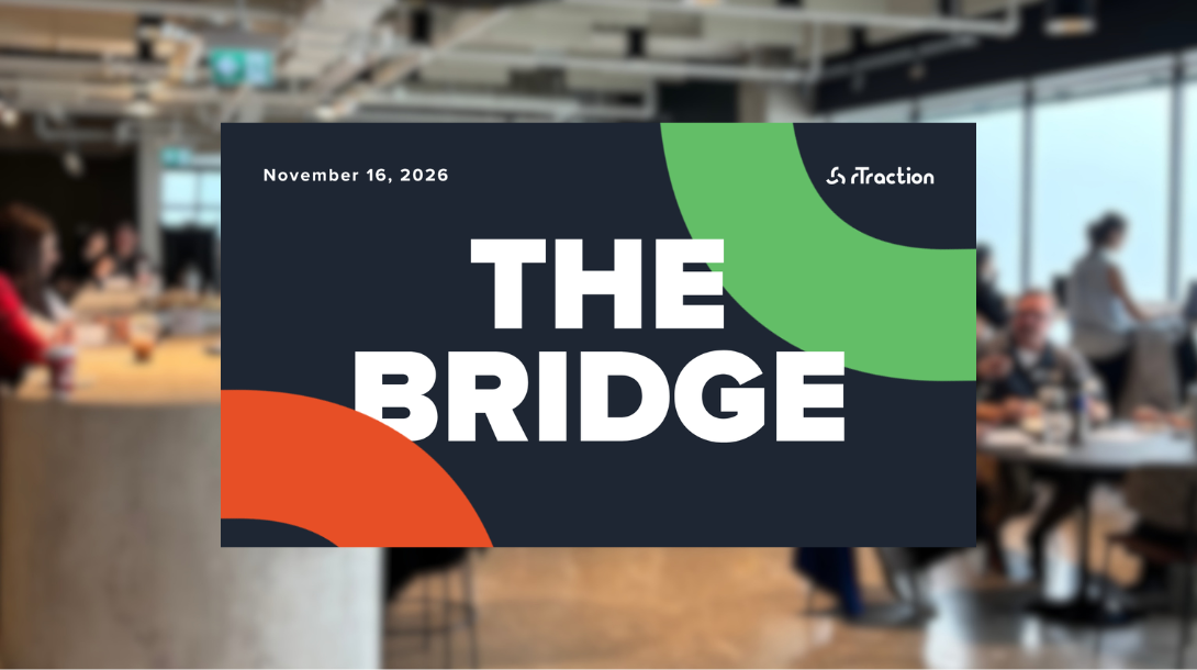A blurry photos of attendees at the bridge with a graphic on top that says: The Bridge, November 16, 2026, rTraction on a dark blue background with the rTraction logo r in orange and green as design elements.
