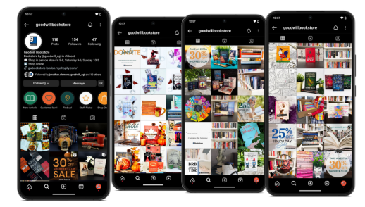 A picture of 4 phones showcasing the Goodwill Bookstore Instagram feed